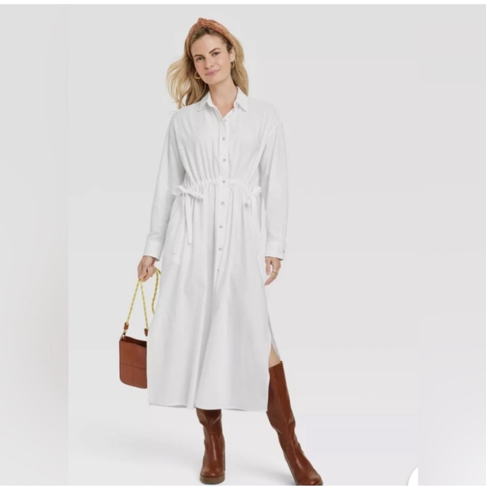 Universal Thread Womens White Long Sleeve Drawstring Waist Midi Shirt Dress L